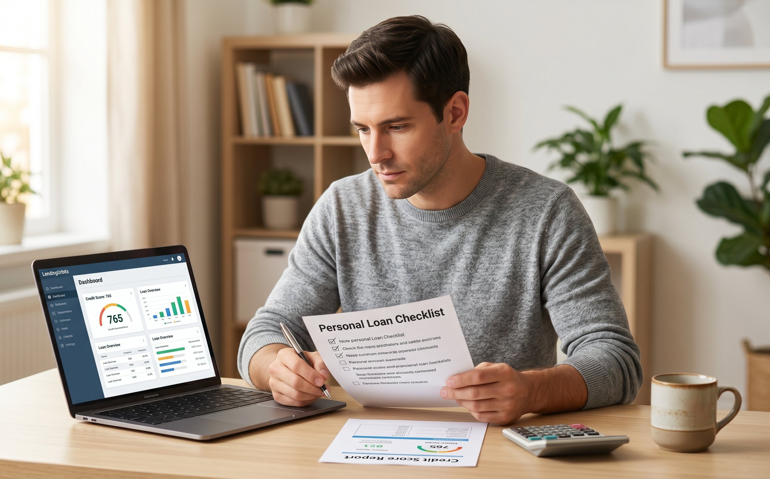 Man reviewing personal loan checklist with credit score dashboard