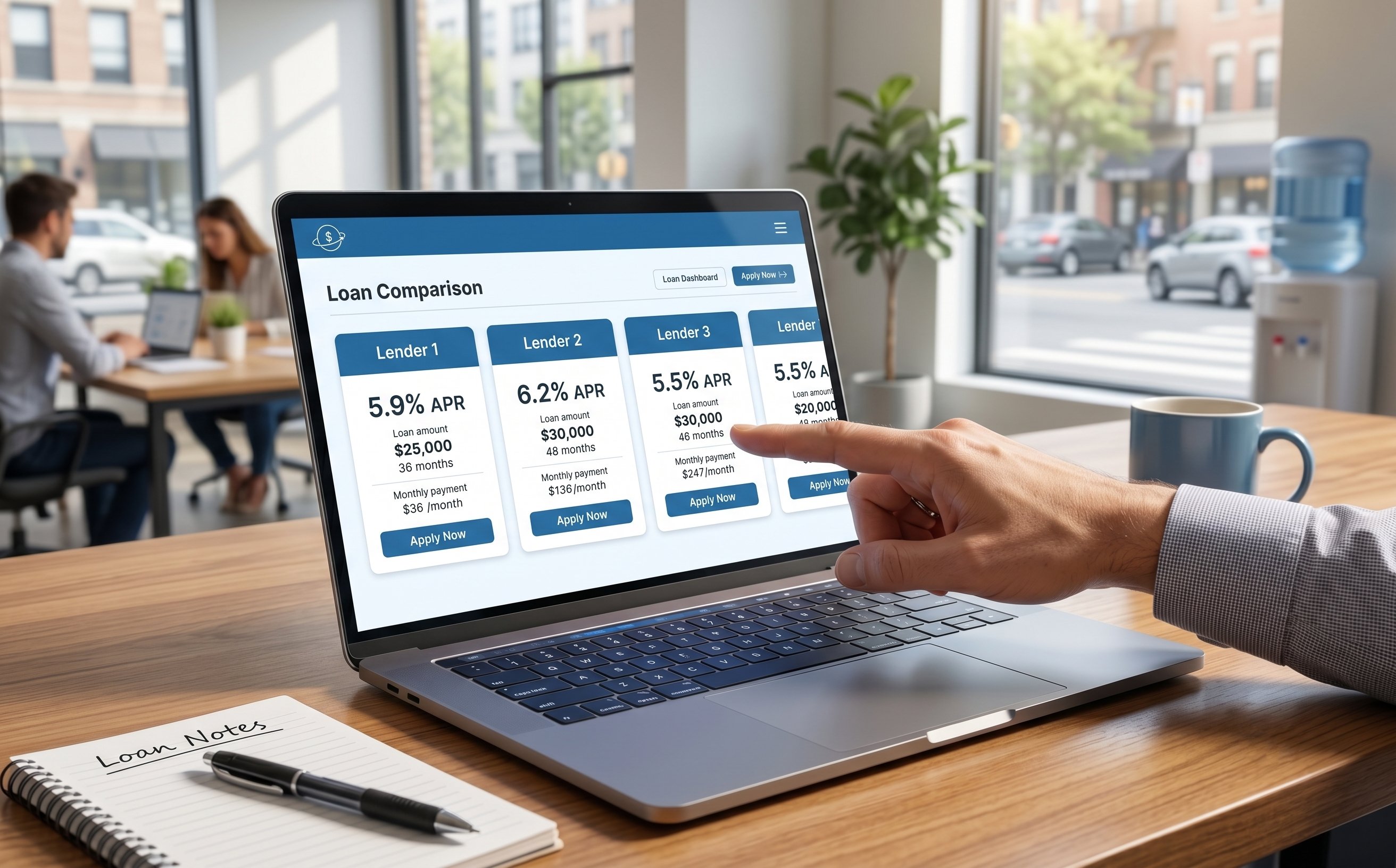Person pointing at loan comparison screen showing lender offers
