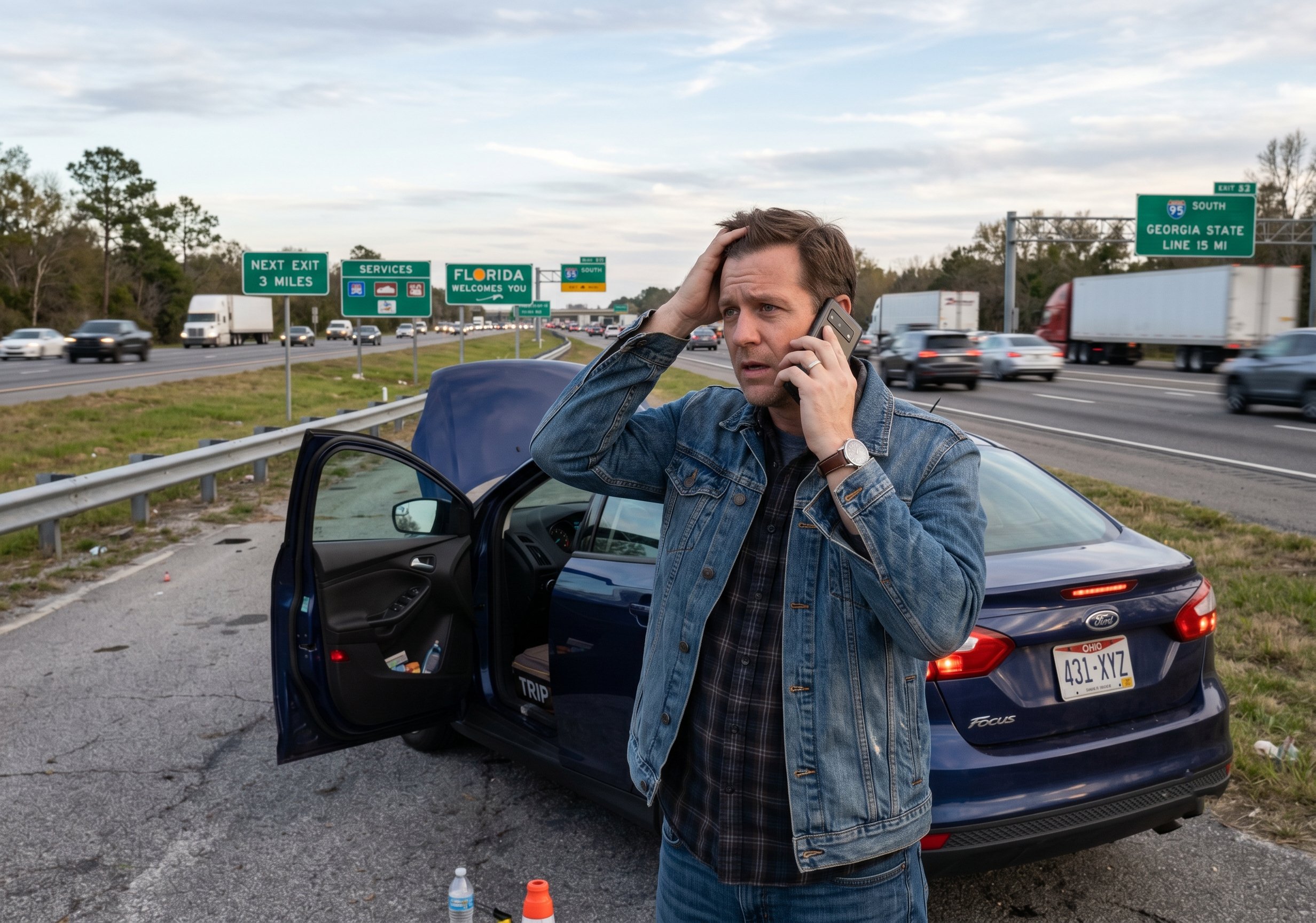 Man with broken car on US highway needing emergency loan