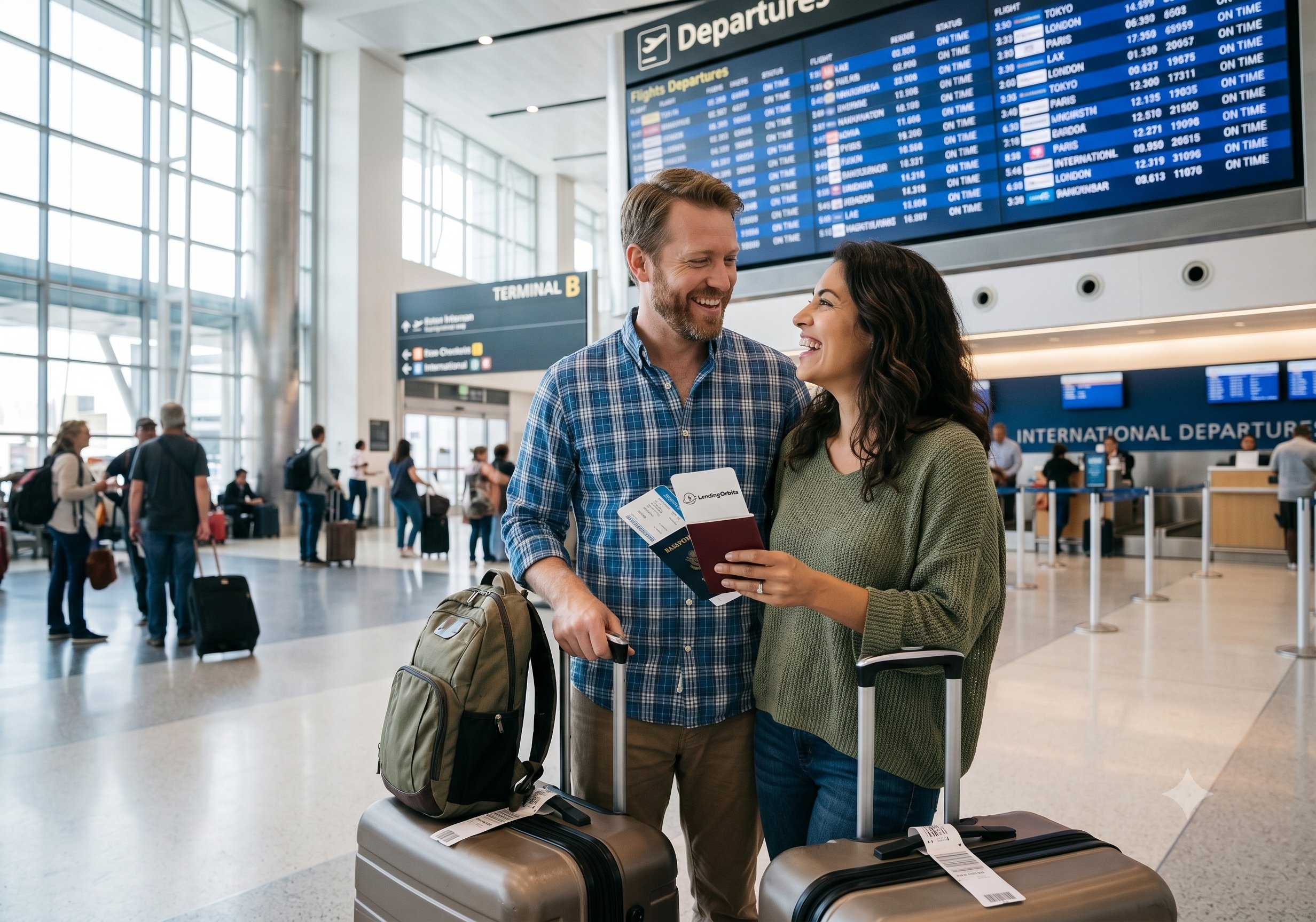 Couple at US airport with Lending Orbits travel loan boarding pass