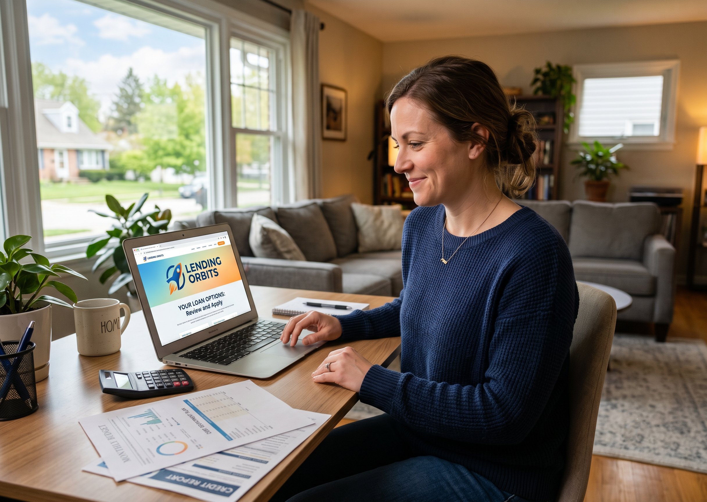 Woman reviewing loan options on Lending Orbits laptop